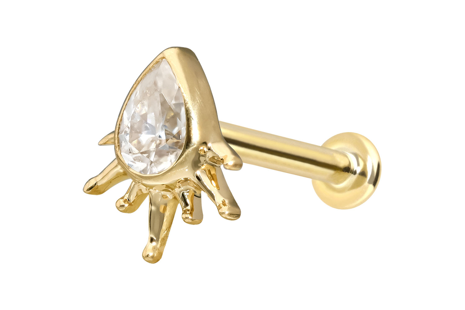 14 Karat Gold Labret Piercing mit Innengewinde MOISSANIT-TROPFEN + SONNENSTRAHLEN